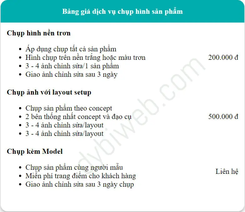 Bảng giá dịch vụ chụp ảnh sản phẩm